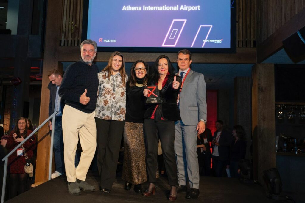 Athens International Airport triumphed in the Over 20 Million Passengers category at the Routes 2024 Marketing Awards. Pictured is AIA Director Communications and Marketing Ioanna Papadopoulou (second from right) on stage with the Athens Airport team. Photo source: AIA